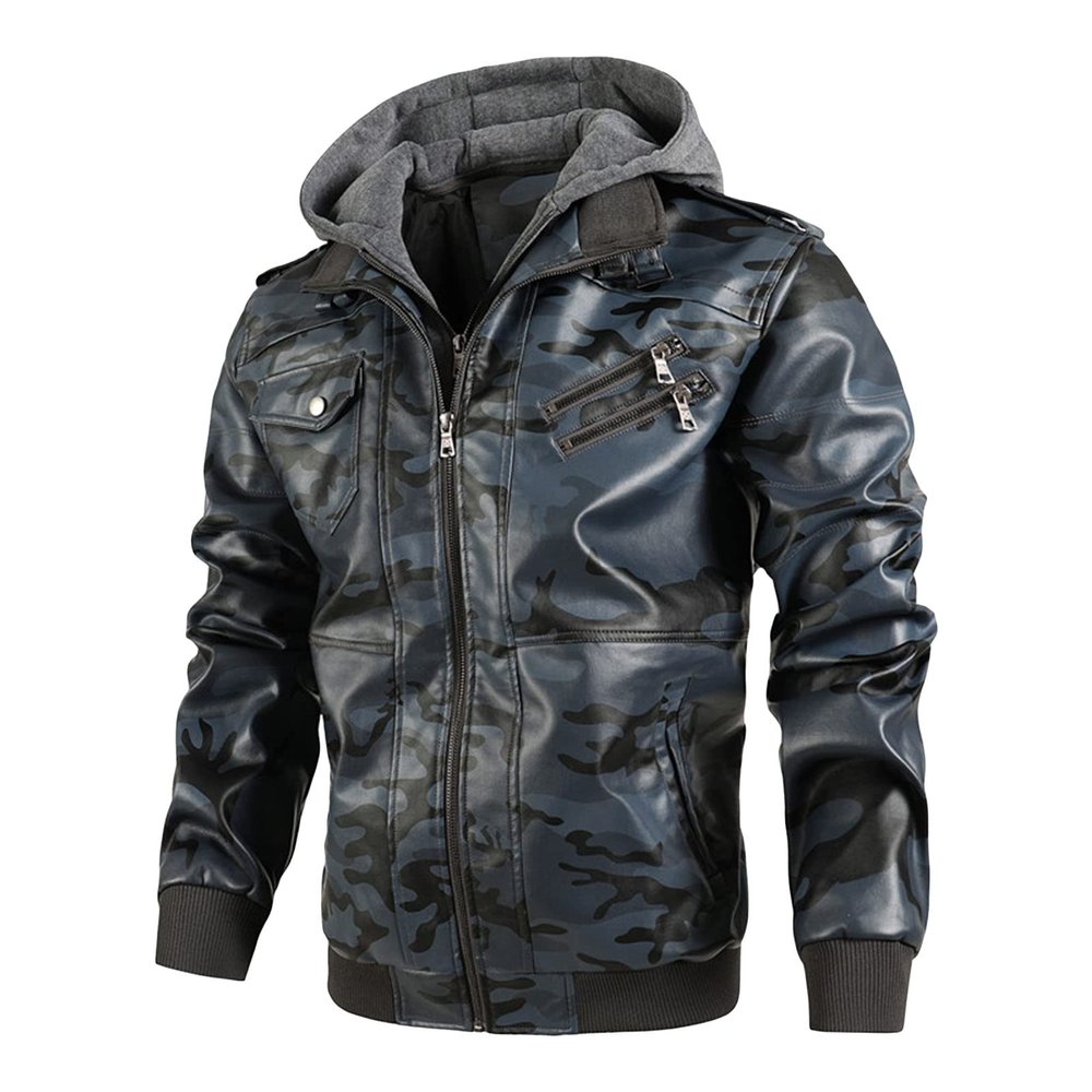 Maiyifu-GJ Camo Motorcycle Jacket for Men Faux Leather Windproof Moto Coat Vintage Bomber Hoodie with Removable Hood (Dark Blue,3X-Large)