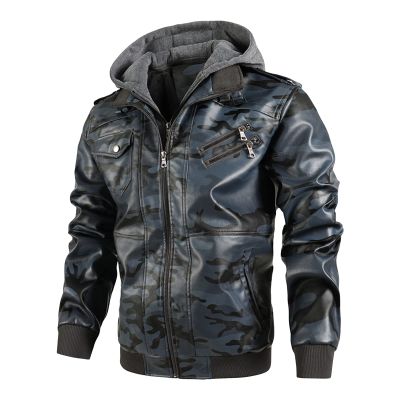 Maiyifu-GJ Camo Motorcycle Jacket for Men Faux Leather Windproof Moto Coat Vintage Bomber Hoodie with Removable Hood (Dark Blue,X-Large)