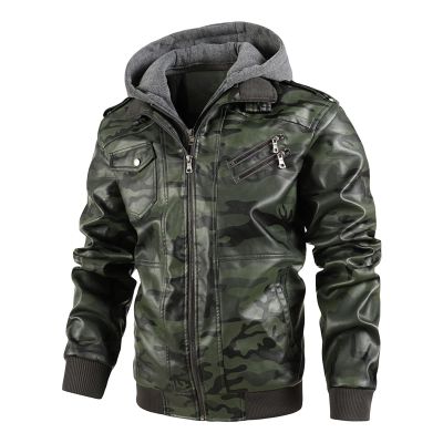 Maiyifu-GJ Camo Motorcycle Jacket for Men Faux Leather Windproof Moto Coat Vintage Bomber Hoodie with Removable Hood (Green,X-Large)