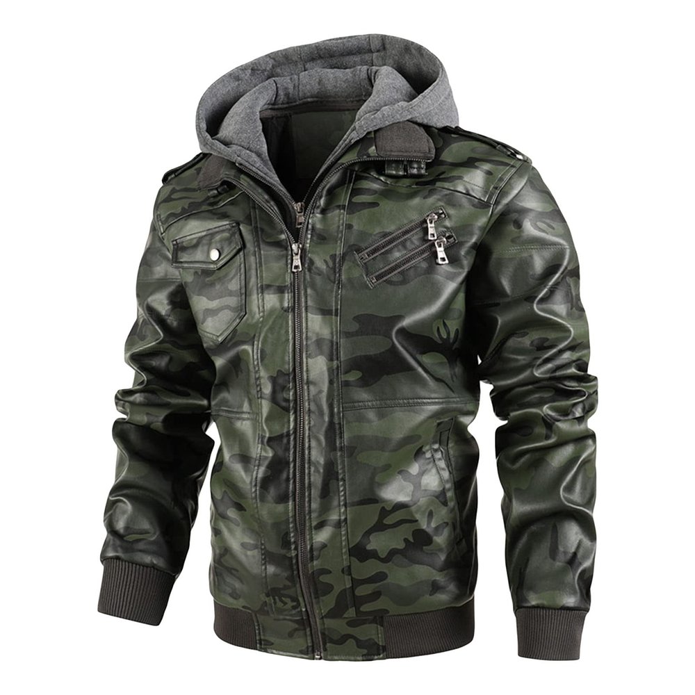 Maiyifu-GJ Camo Motorcycle Jacket for Men Faux Leather Windproof Moto Coat Vintage Bomber Hoodie with Removable Hood (Green,X-Large)