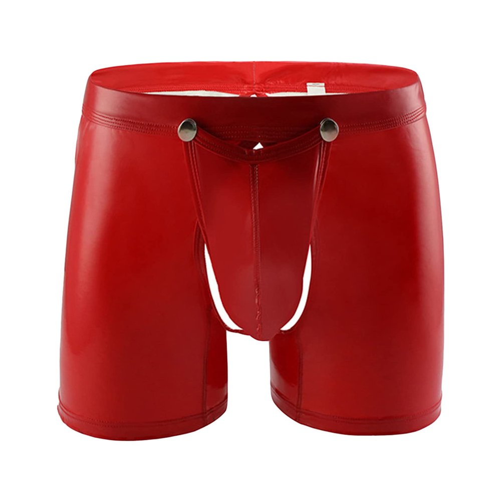 Men Sexy Lingerie PVC Boxer Faux Leather Brief Latex Shorts Pants Tights Wet Look Bikini Swim Trunks Nightclub (Red,Medium)