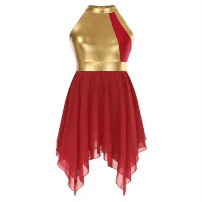 JEYPINMI Women's Praise Liturgical Lyrical Dance Dress Tunic Gold Color Block Lyrical Dance Costume Red XX-Large