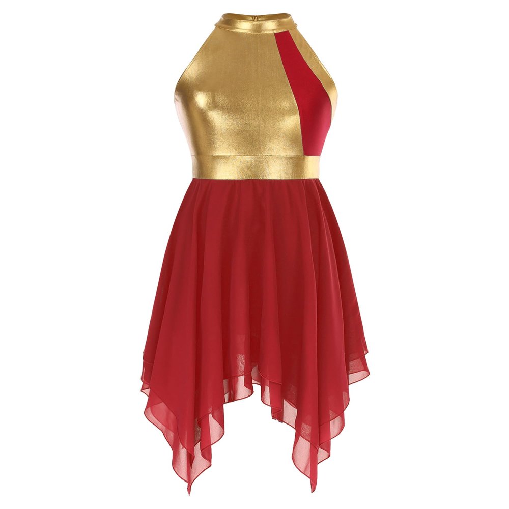 JEYPINMI Women's Praise Liturgical Lyrical Dance Dress Tunic Gold Color Block Lyrical Dance Costume Red XX-Large