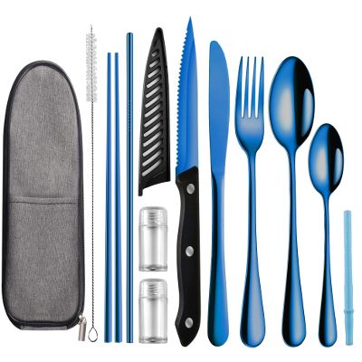 Portable Travel Utensils Set,Reusable Utensils,Travel Camping Cutlery Set,Stainless Steel Flatware Set with Case,Lunch Boxes Workplace Camping School Picnic (Blue)