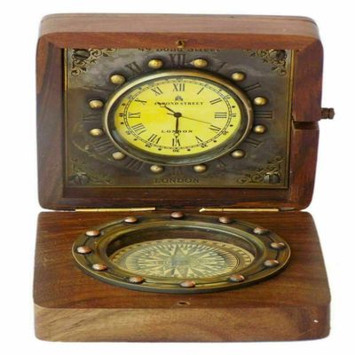 Antique Brass Nautical Compass Wooden Desk Compass with Clock Gift Desk Pocket Compass Christmas
