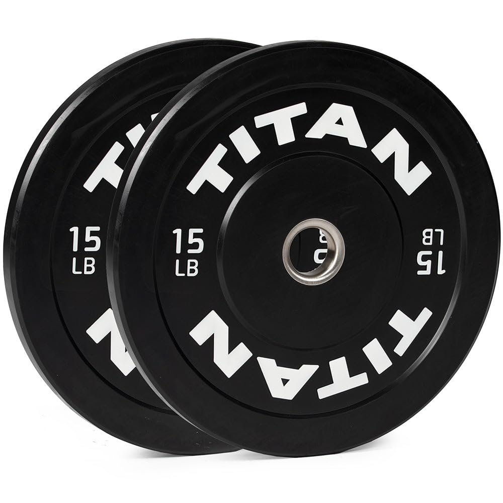 Titan Fitness 15 LB Pair Economy Series Black Olympic Bumper Plates, Durable Rubber Exterior with Steel Core, Weightlifting and Strength Training Weight Plate