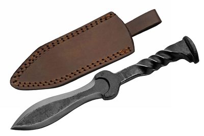 9.5" Hand Forged Carbon Steel Railroad Spike Medieval Twisted Handle Dagger with Sheath, Gray