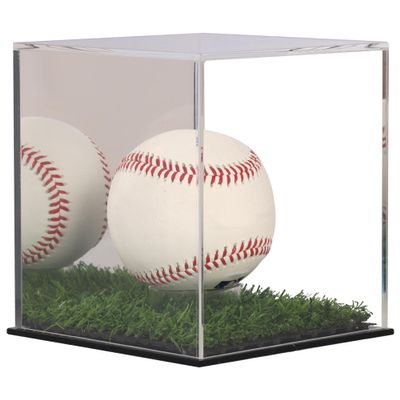 Pro UV Protected Arcylic Softball Display Case Baseball Display Case Stand Championship Square Box UV Protected Clear Display Cube for 12 Inches Ball Storage Collections (W/ Artifical Turf Base)