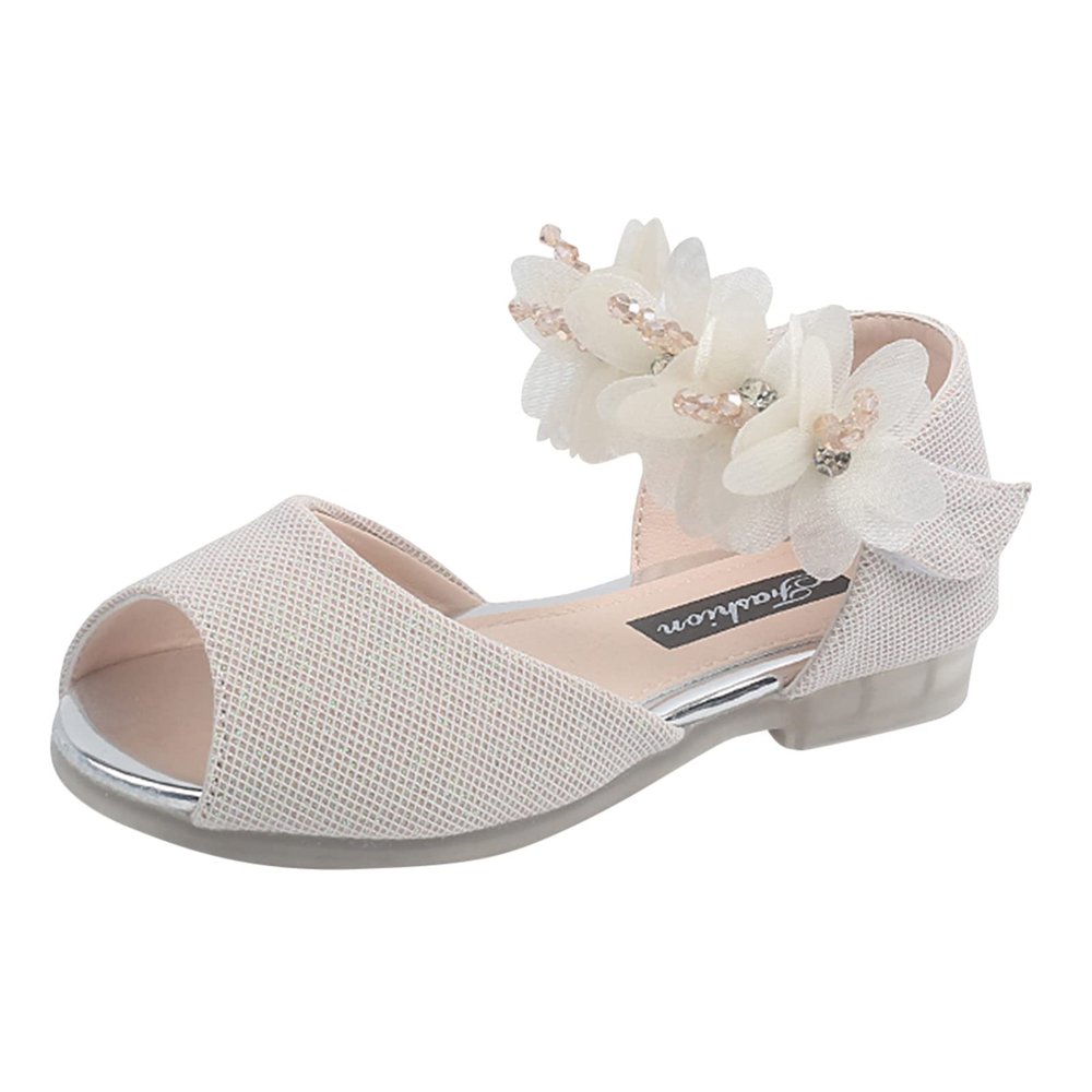 Girls Rhinestone Flower Shoes Low Heel Flower Wedding Party Dress Pump Shoes Princess Mary Jane Shoes for Toddler Girls (Beige, 2 Years Toddler)