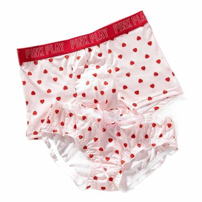 Lovely Couple Panties Sexy Lace Panties Women Low Waist Print Briefs Male Boxer (Color : Set 1, Size : Female L+Male L)