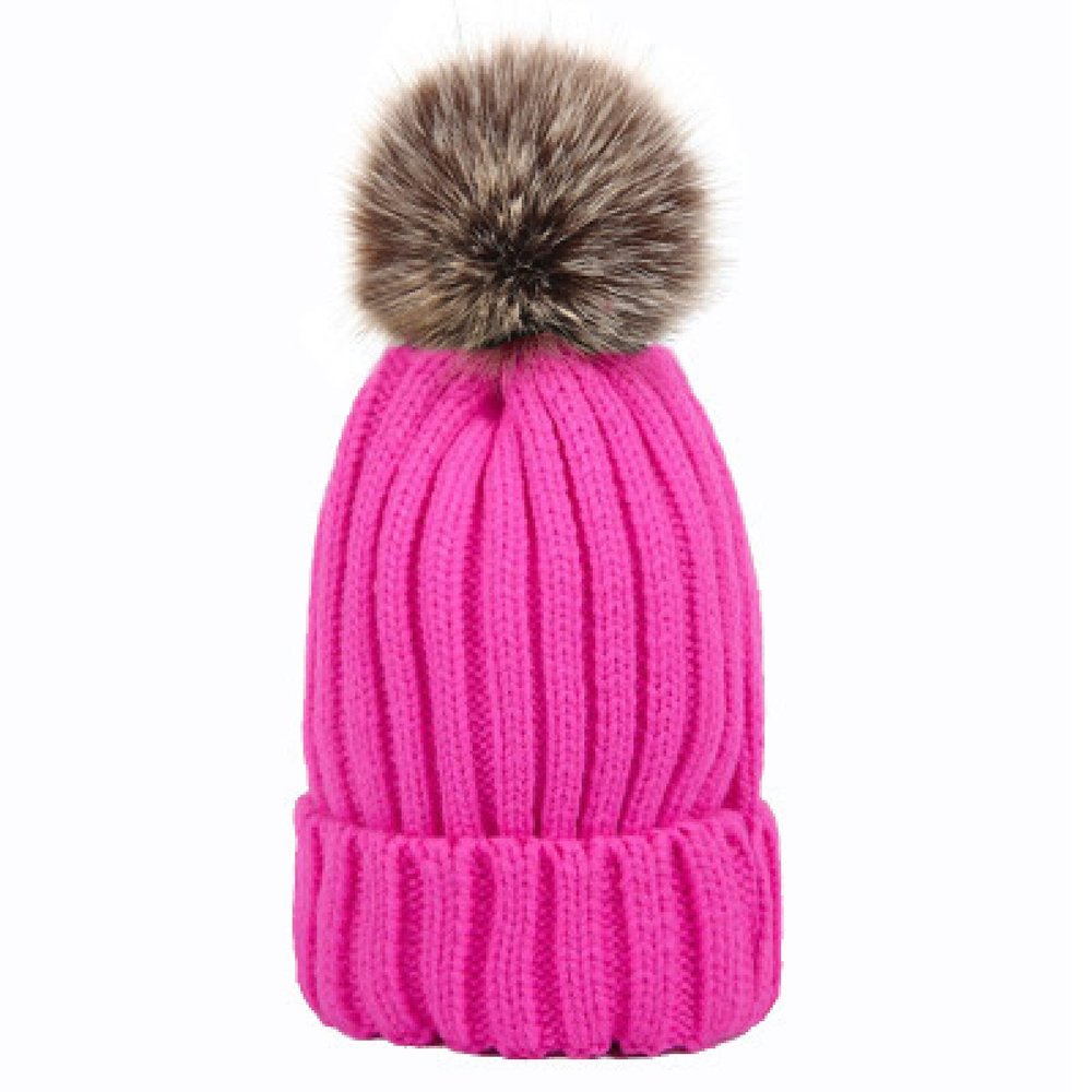 2019 New Winter Warm Knitted Hat for Women and Children Girl Boy Wool Skullies Beanies Pompom Balaclava Hats,Rose Red,Adult Size 55-59cm