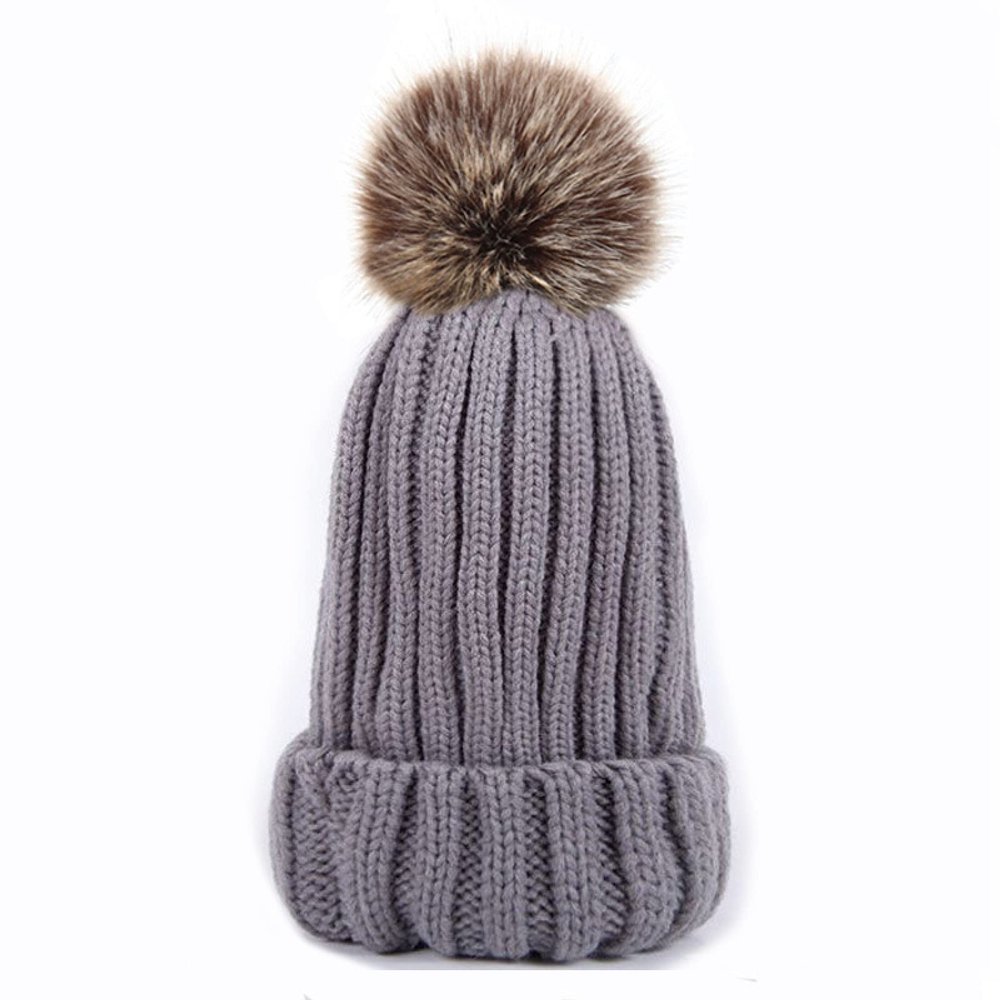 2019 New Winter Warm Knitted Hat for Women and Children Girl Boy Wool Skullies Beanies Pompom Balaclava Hats,Grey,Adult Size 55-59cm
