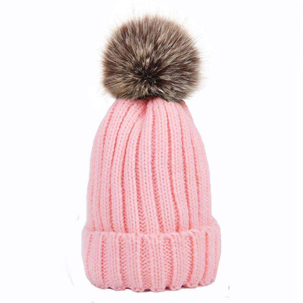 2019 New Winter Warm Knitted Hat for Women and Children Girl Boy Wool Skullies Beanies Pompom Balaclava Hats,Pink,Adult Size 55-59cm