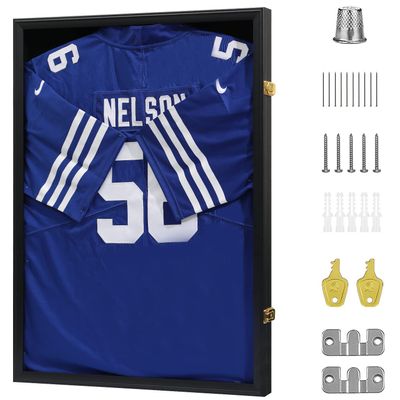 VERANI Jersey Frame Display Case - Football Jersey Shadow Box - Jersey Display Frame with Acrylic Door and Metal Hanger for Baseball Basketball Soccer Hockey Sport Shirt and Uniform,Black
