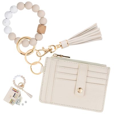 KNGITRYI Wallet Keychain Wristlet for Women,Slim RFID Credit Card Holder Purse Tassel Keychain Bangle Key Ring for Men Women(Beige)