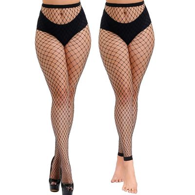 Dorilin Women Plus Size Fishnet Tights High Waist Fishnet Stockings Footless Net Pantyhose Legging (Black-Medium grid)