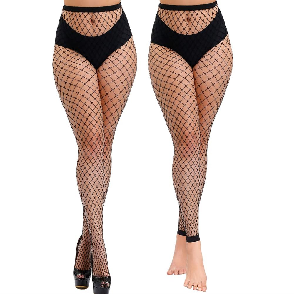 Dorilin Women Plus Size Fishnet Tights High Waist Fishnet Stockings Footless Net Pantyhose Legging (Black-Medium grid)