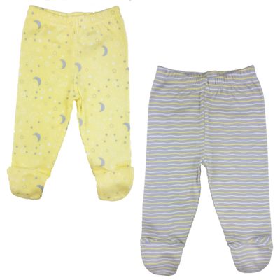 123 Bear 100% Cotton Baby Pants with Footies 100% Cotton Unisex Boys Girls (0-3 Months, 2-Pack Lemon)