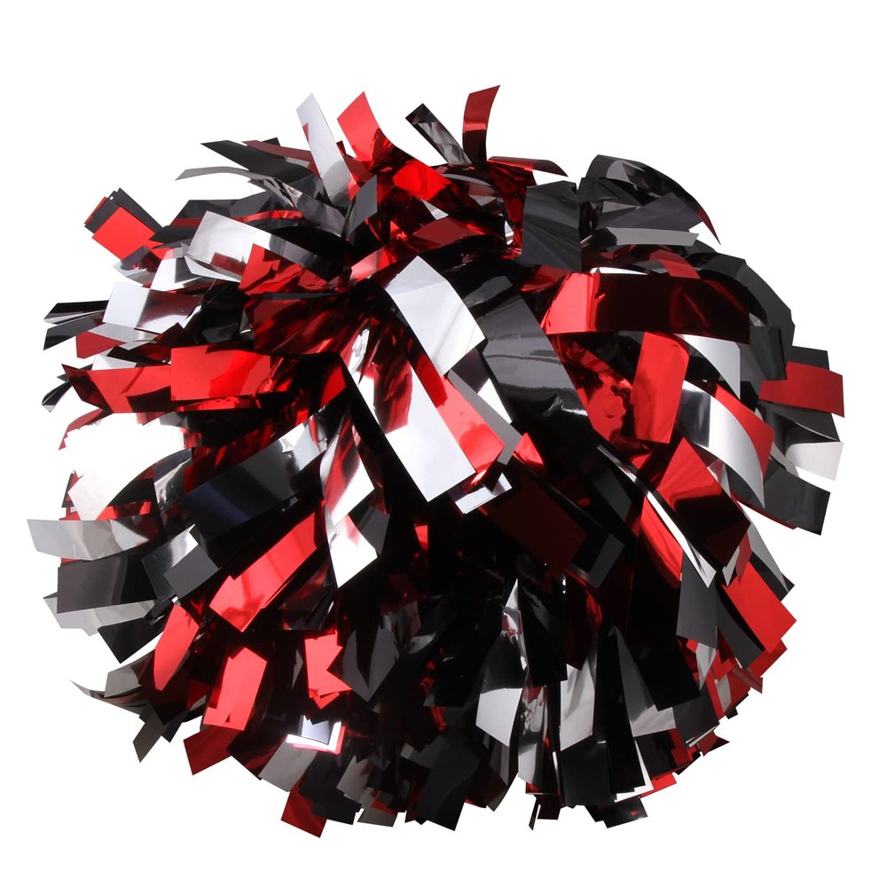 Metallic Cheerleader Cheerleading Pom Poms 6 inch 1 Pair 2 Pieces (Red/Black/Silver)