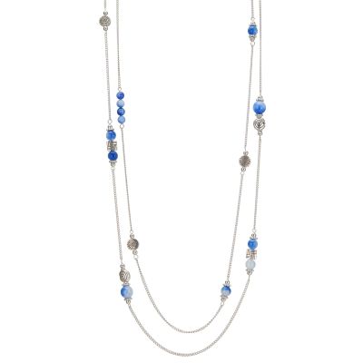 BULINLIN Layered Silver Long Necklace for Women Turquoise Stone Beaded Strand Sweater Chain Necklaces Fashion Costume Jewelry Gifts for Mom(Sapphire blue)