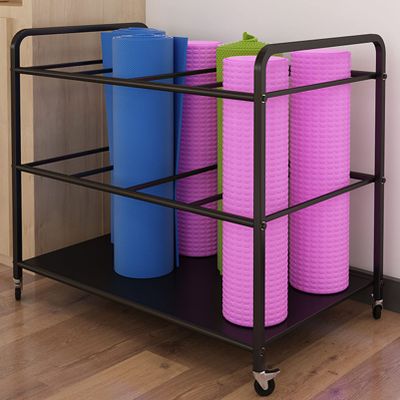 Yoga Mat Storage Rack, Home Gym Yoga Mat Holder Foam Roller Organizer, Movable Sports Equipment Storage Rack with Wheels, Rolling Workout Storage Cart Exercise Mat Storage Shelf