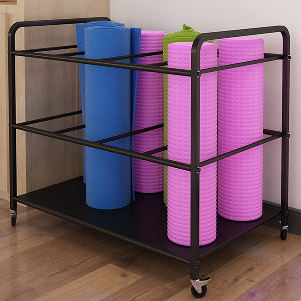 Yoga Mat Storage Rack, Home Gym Yoga Mat Holder Foam Roller Organizer, Movable Sports Equipment Storage Rack with Wheels, Rolling Workout Storage Cart Exercise Mat Storage Shelf