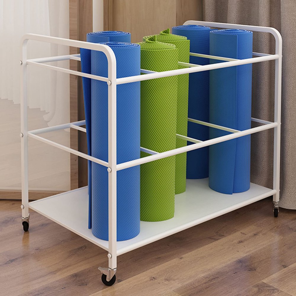 Yoga Mat Storage Rack, Home Gym Yoga Mat Holder Foam Roller Organizer, Movable Sports Equipment Storage Rack with Wheels, Rolling Workout Storage Cart Exercise Mat Storage Shelf