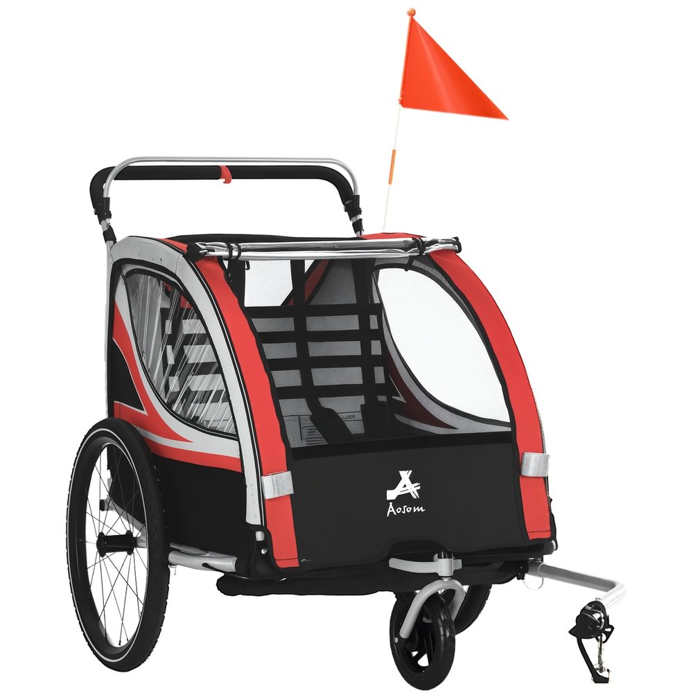 Aosom 3-in-1 Walk/Jog/Ride Child Baby Bike Trailer for Kids 2 Seater, High-Visibility Bike Stroller for Toddler Wagon, Weather-Strong Double Bicycle Trailer Accessory for Kids, Red