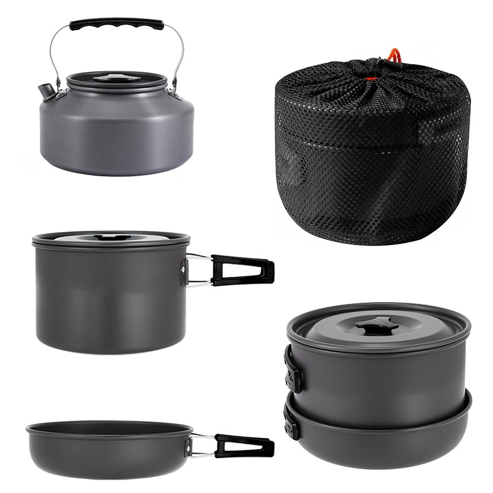 aiGear 3pcs Camping Cookware Mess Kit, Non-Stick Camping Pan Pot Kettle, Lightweight Aluminum, Collapsible Portable Camping Cooking Set for Outdoor Cooking Hiking Picnic, Black (CC01BK05)