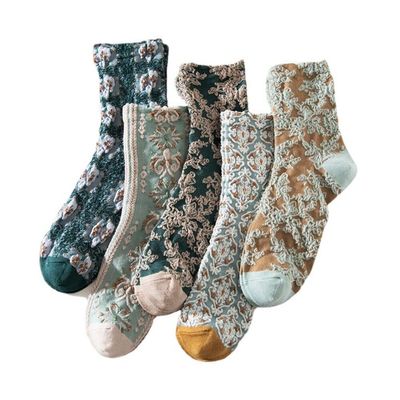 5 Pairs Vintage Embroidered Floral Socks, Embroidered Socks Winter Warm Cotton Women Vintage Flower Socks (Blue)