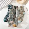 5 Pairs Vintage Embroidered Floral Socks, Embroidered Socks Winter Warm Cotton Women Vintage Flower Socks (Blue) view 4