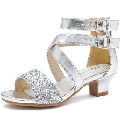 Dufannie Silver Girls High Heels Kids Dress Shoes Princess Heels for Kid Sandals Little Girls Sparkle Shoes Pumps Size 13 Pageant Wedding Church Halloween Dance Party Tween Sandal(3405Silver 13)