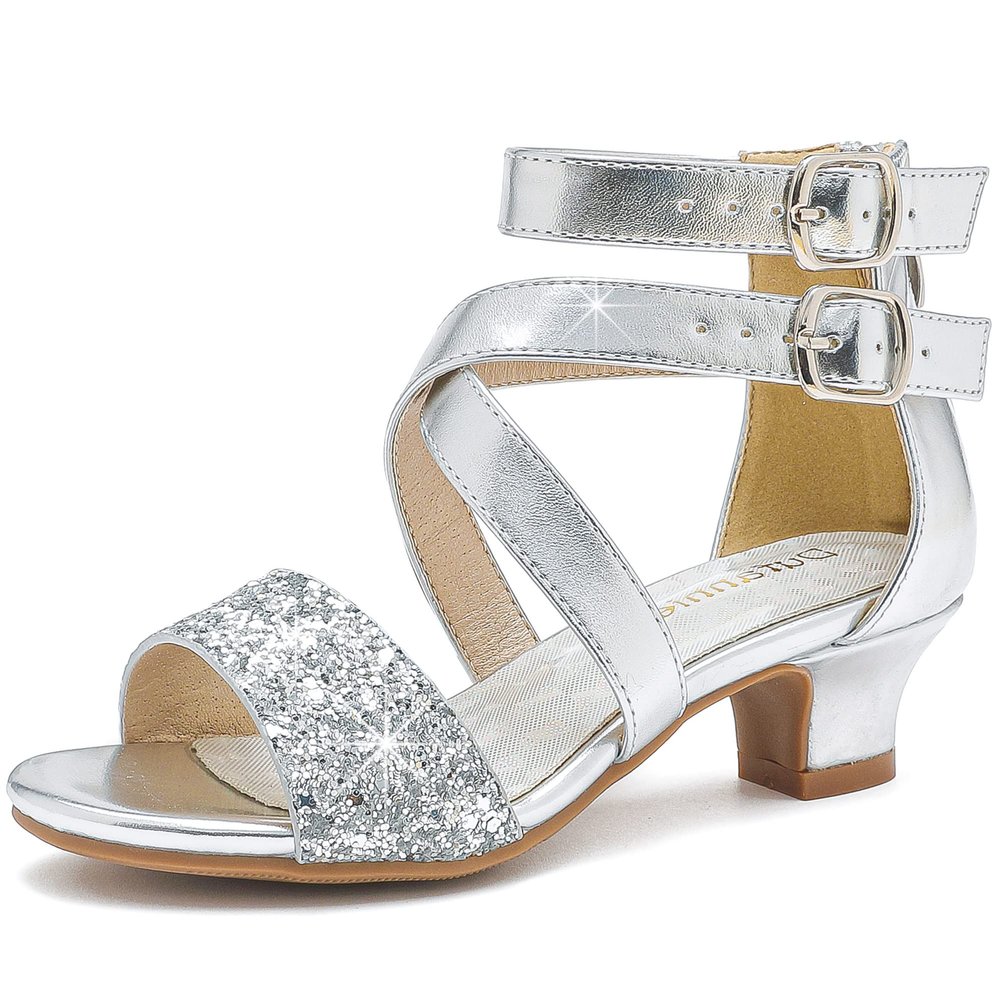 Dufannie Silver Girls High Heels Kids Dress Shoes Princess Heels for Kid Sandals Little Girls Sparkle Shoes Pumps Size 13 Pageant Wedding Church Halloween Dance Party Tween Sandal(3405Silver 13)