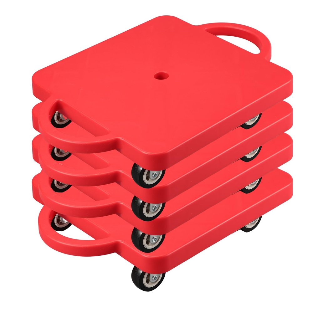 4 Pieces Sports Scooter Board Bulk Sitting Scooter Board with Handles Plastic Casters Sport Flat for Gym Indoor Outdoor Activities Play Equipment(Red)