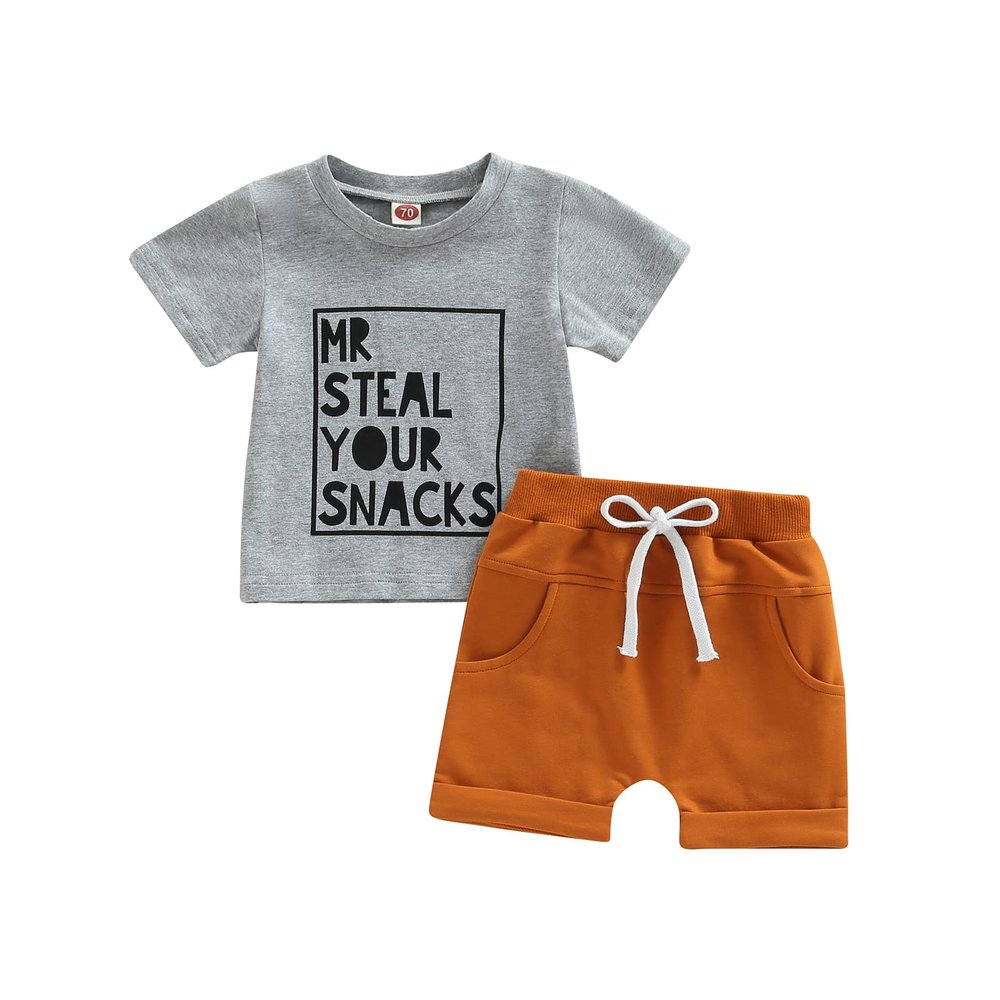 Infant Toddler Baby Boy Summer Clothes Short Sleeve Striped T-Shirt Top Solid Shorts Set 2Pcs Casual Shorts Outfit (MR Steal Your Girl-Gray, 18-24 Months)