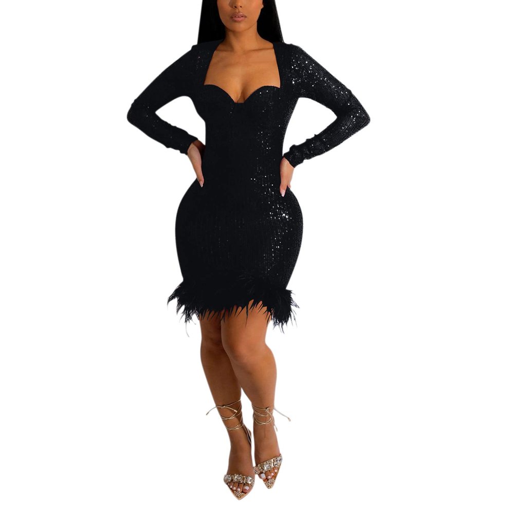 Women Sexy Solid Color Sequin Feather Zipper Pack Hip Dress Cocktail Party Dress Womens Halter Cocktail Dress (Black, XL)