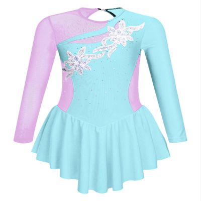 FEESHOW Girls Ballet Figure Ice Skating Ballerina Costume Kids Sequins Long Sleeves Dress for Gym Competition Blue_Floral 12 Years