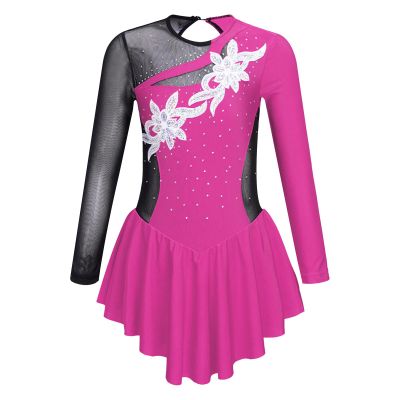 FEESHOW Girls Ballet Figure Ice Skating Ballerina Costume Kids Sequins Long Sleeves Dress for Gym Competition Pink_Floral 10 Years
