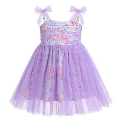 1st Birthday Girl Dress Outfit Baby Girl Sequin Dress Sleeveless Rainbow Stars Print Tulle Dress Spaghetti Straps Princess Tutu Sundress Toddler Cake Smash Photoshoot Dress Purple Star 18-24 Months
