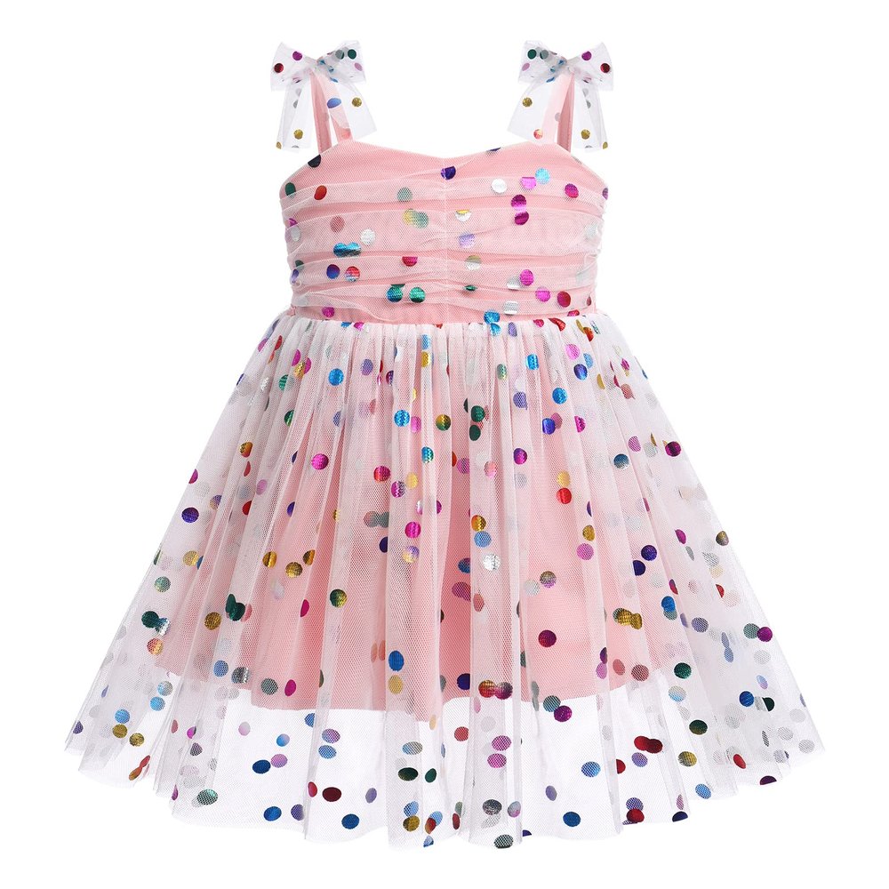 1st Birthday Girl Sleeveless Polka Dots Sequin Tulle Dress - Spaghetti Straps Princess Tutu Outfit for Toddler Cake Smash Photoshoot - Summer Sundress Pink 6-12 Months