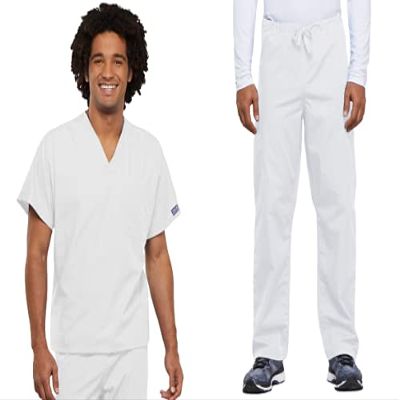 Cherokee Scrub Set for Men and Women from, Traditional Fit V-Neck Top 4777 with Natural Rise Drawstring Cargo Pant 4100, White- M Top/M Pant