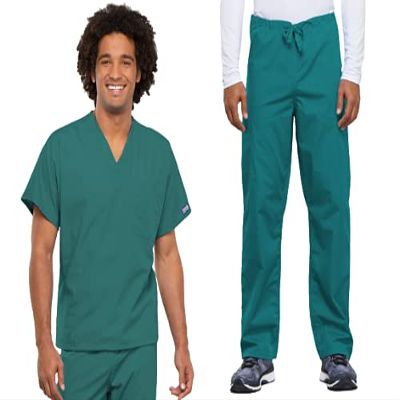 Cherokee Scrub Set for Men and Women from, Traditional Fit V-Neck Top 4777 with Natural Rise Drawstring Cargo Pant 4100, Teal Blue- XS Top/XS Short Pant