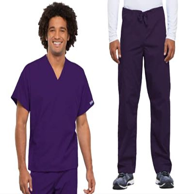 Cherokee Scrub Set for Men and Women from, Traditional Fit V-Neck Top 4777 with Natural Rise Drawstring Cargo Pant 4100, Eggplant- XL Top/L Short Pant