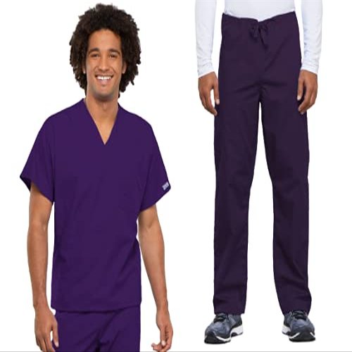 Cherokee Scrub Set for Men and Women from, Traditional Fit V-Neck Top 4777 with Natural Rise Drawstring Cargo Pant 4100, Eggplant- XL Top/L Short Pant