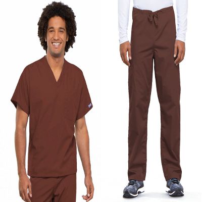 Cherokee Scrub Set for Men and Women from, Traditional Fit V-Neck Top 4777 with Natural Rise Drawstring Cargo Pant 4100, Chocolate- XL Top/L Pant