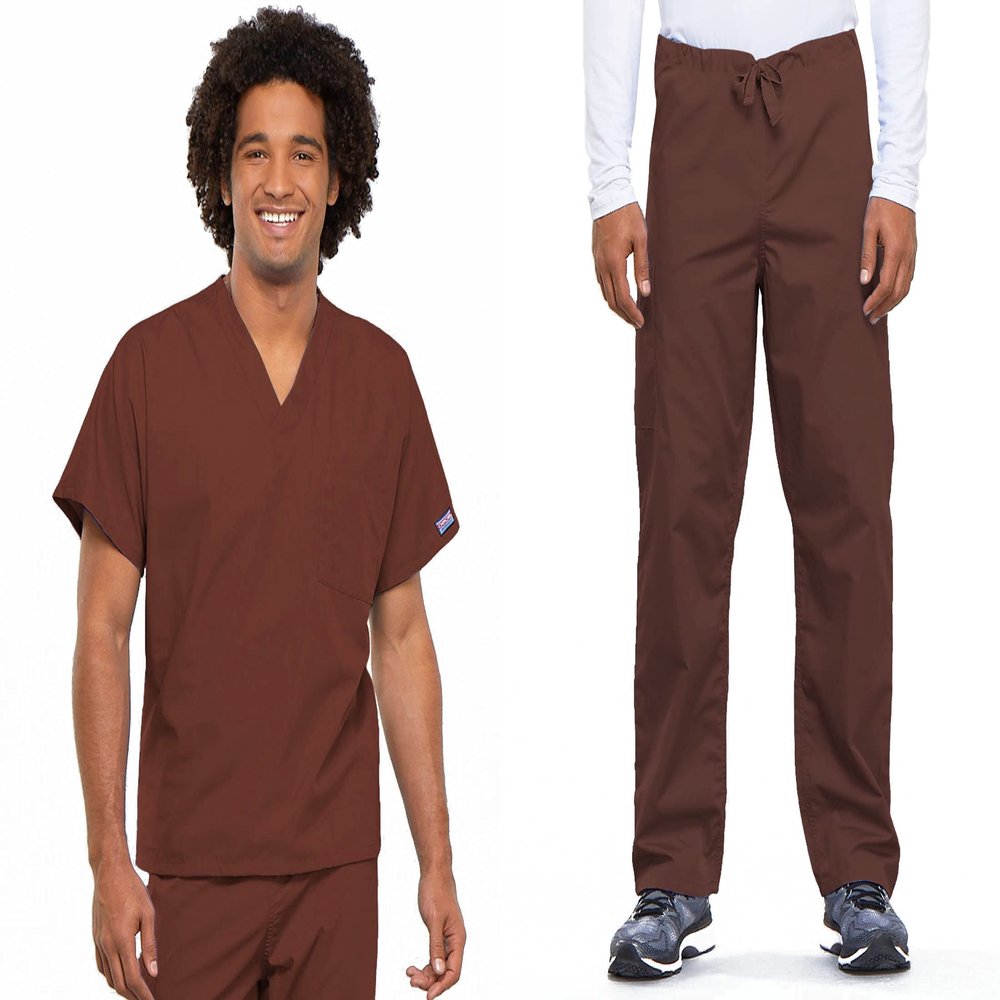 Cherokee Scrub Set for Men and Women from, Traditional Fit V-Neck Top 4777 with Natural Rise Drawstring Cargo Pant 4100, Chocolate- XL Top/L Pant
