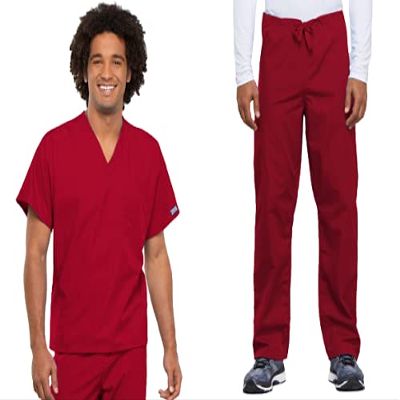 Cherokee Scrub Set for Men and Women from, Traditional Fit V-Neck Top 4777 with Natural Rise Drawstring Cargo Pant 4100, Red- L Top/XL Pant