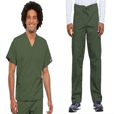 Cherokee Scrub Set for Men and Women from, Traditional Fit V-Neck Top 4777 with Natural Rise Drawstring Cargo Pant 4100, Olive- M Top/S Short Pant