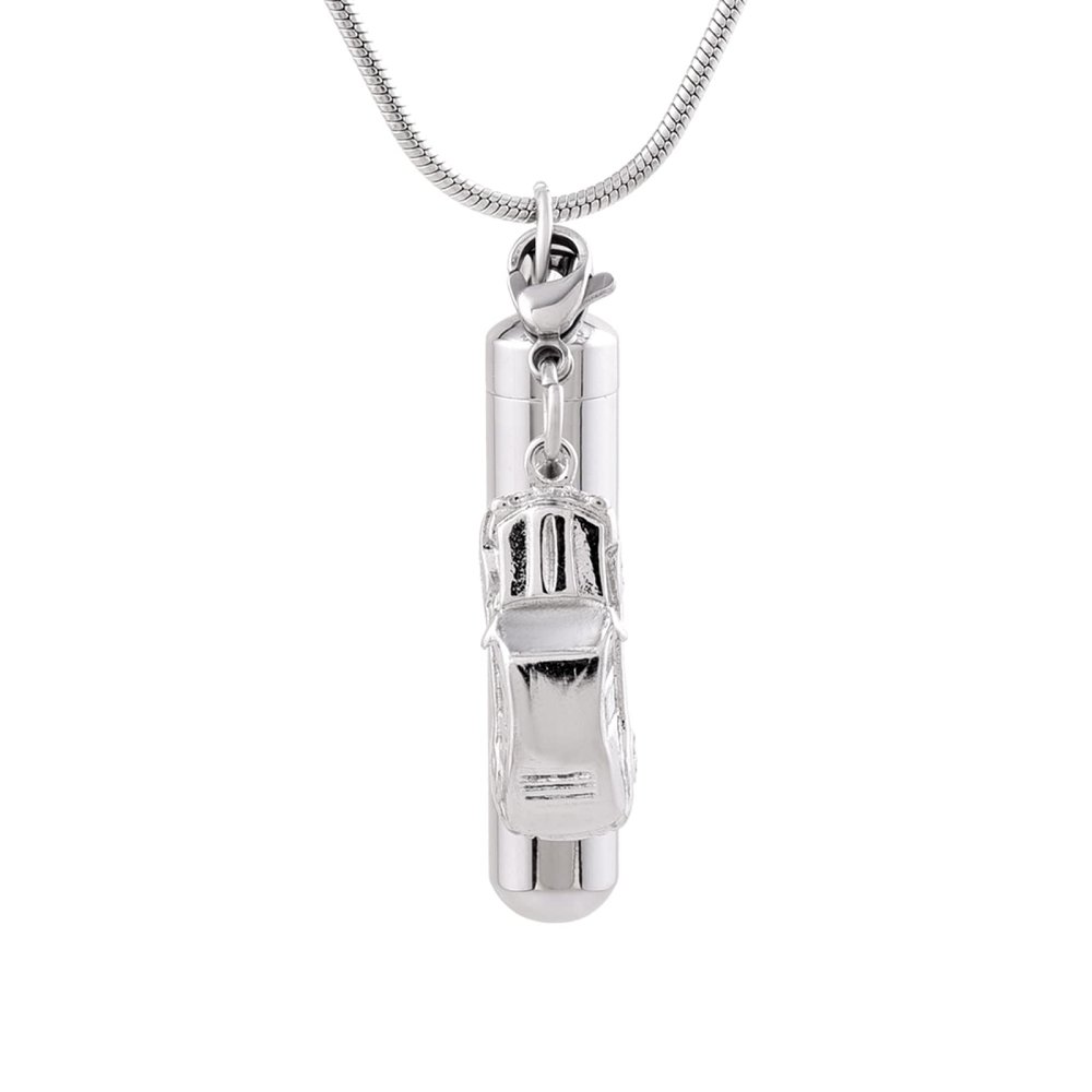 BIAIHQIE Stainless Steel Long Tube Cylinder Cremation Pendant Memorial Necklace Ashes Urn with Small Car Keepsake Jewelry