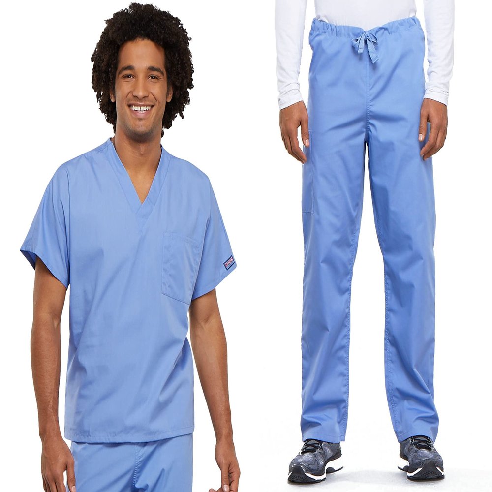 Cherokee Scrub Set for Men and Women from, Traditional Fit V-Neck Top 4777 with Natural Rise Drawstring Cargo Pant 4100, Ciel- L Top/M Pant